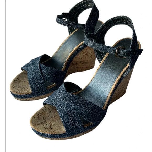 Stuart Weitzman Minx $425. cork platform wedge denim excellent Size 9.5 - Picture 4 of 13